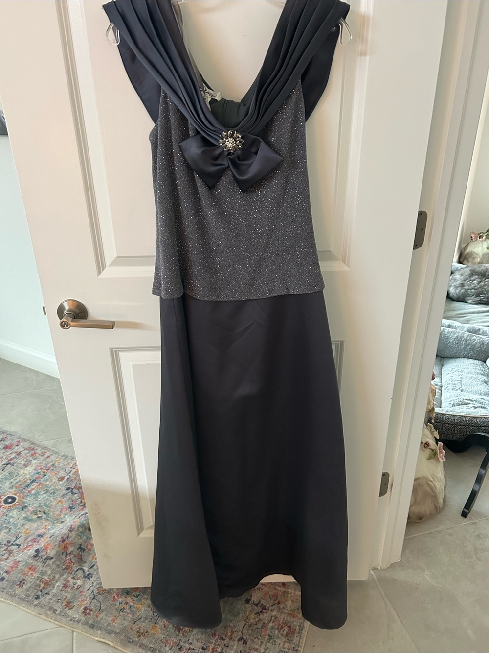 Patra Sparkle Bodice Navy Evening Gown with Bow and Brooch